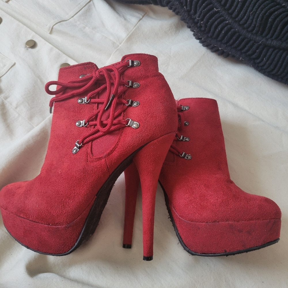 Red faux suede booties